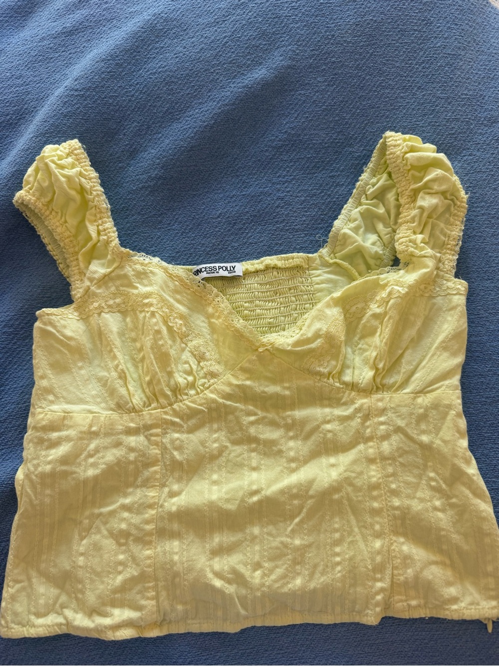 Princess Polly Pale Yellow Lace-Trim Smocked Crop Top